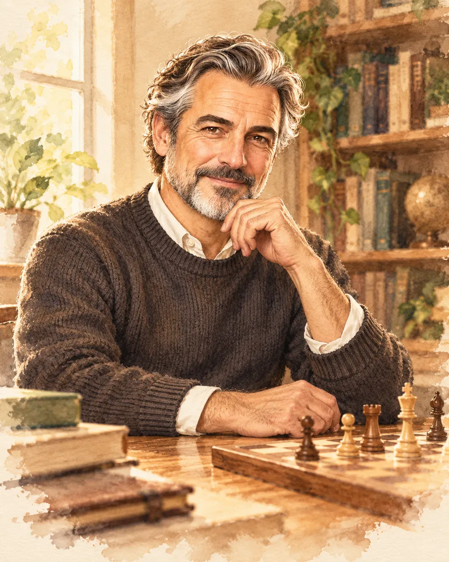 Léon, le coach d’échecs de PolyMind Chess, assis à son bureau devant un échiquier