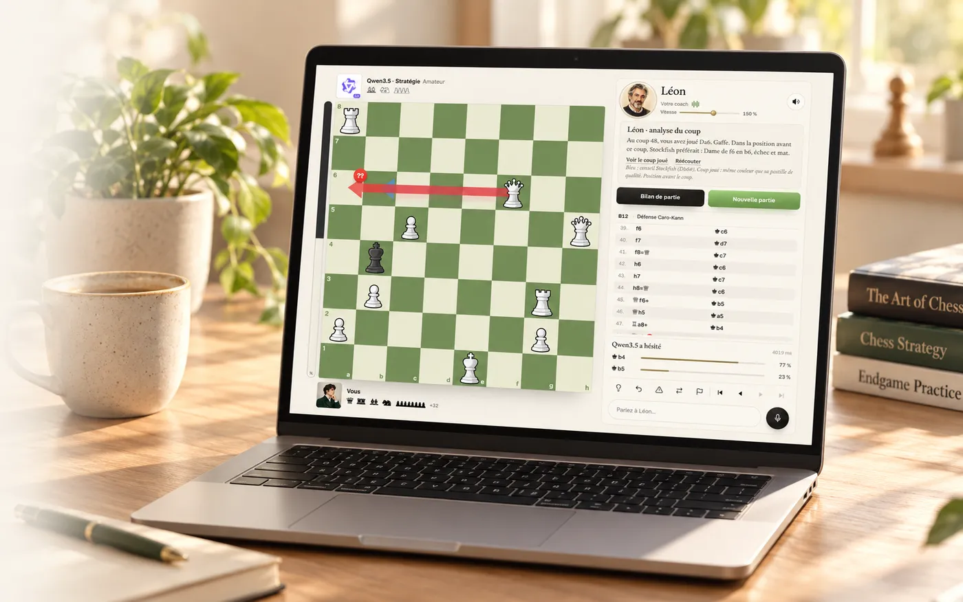 Un ordinateur portable affichant une partie PolyMind Chess sur un bureau en bois
